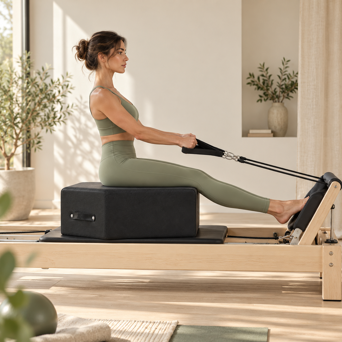 Femme assise sur la Box Pilates noire posée sur un reformer en bois clair, sangles en main