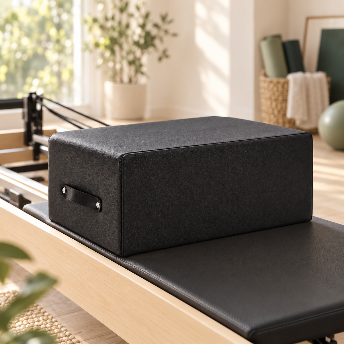 Vue de trois quarts de la Box Pilates en similicuir noir posée sur le chariot d'un reformer