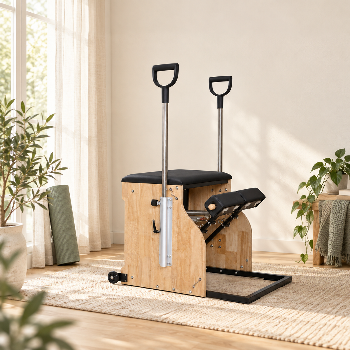 Chaise Pilates à pédales séparées installée dans l'angle d'un salon lumineux près d'une fenêtre