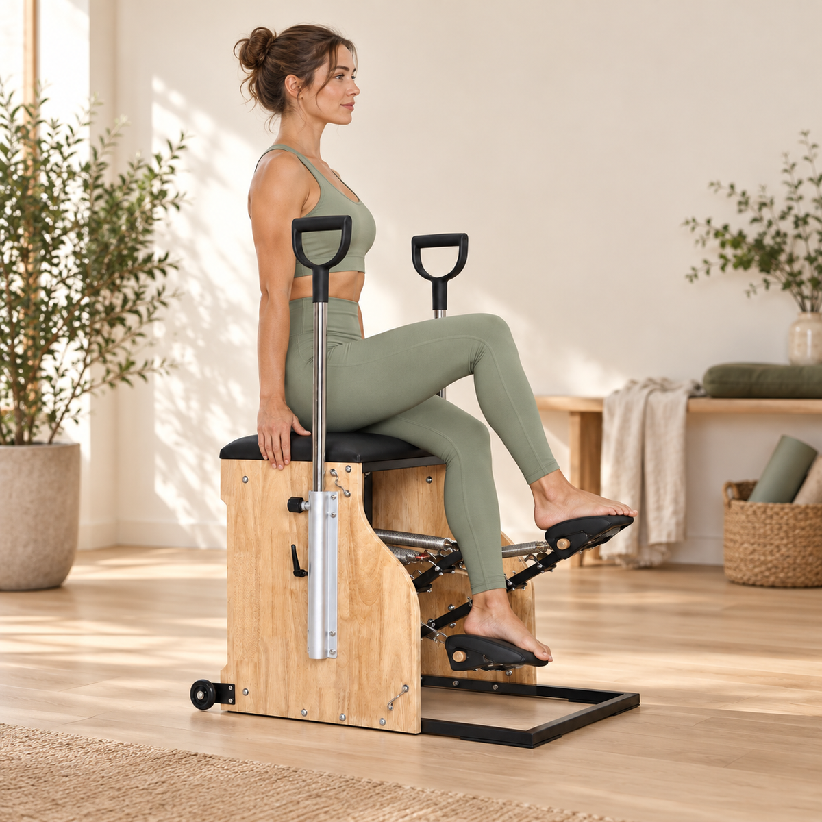 Femme assise sur la chaise Pilates abaissant une seule des deux pédales indépendantes avec le pied