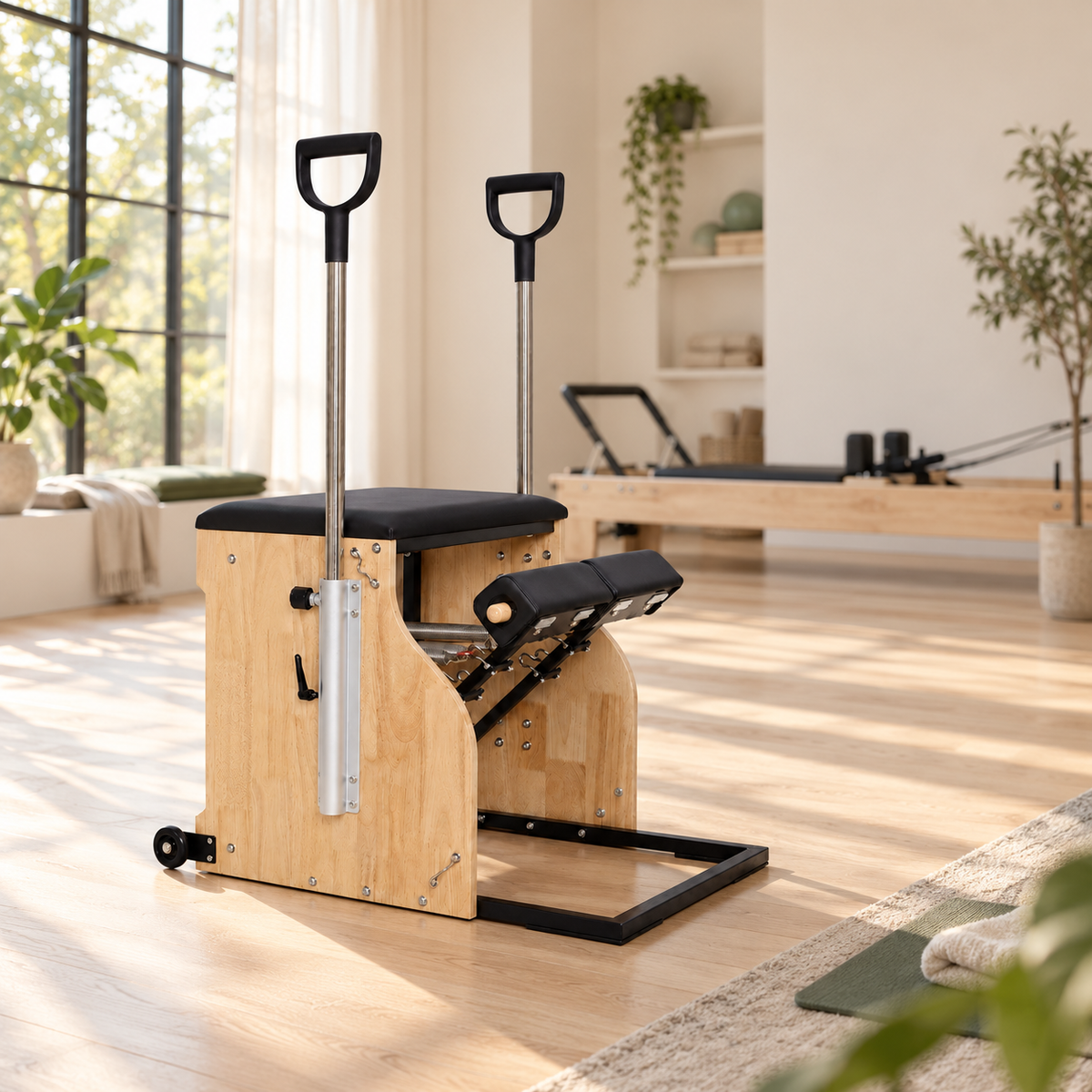Chaise Pilates au premier plan d'un studio lumineux, reformer en bois flou à l'arrière-plan