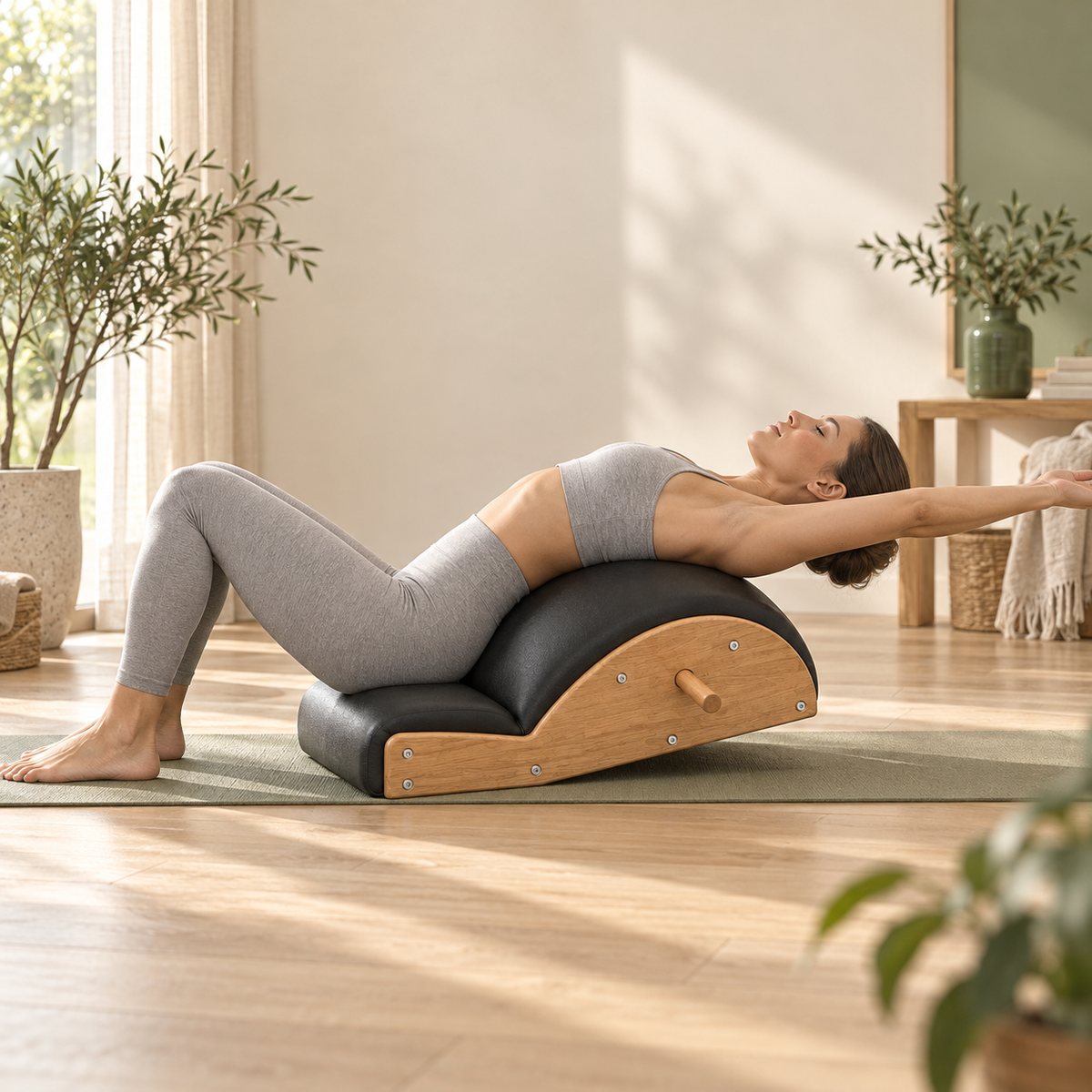 Femme allongée sur la courbe rembourrée de l'arc Pilates en chêne, bras tendus, sur un tapis