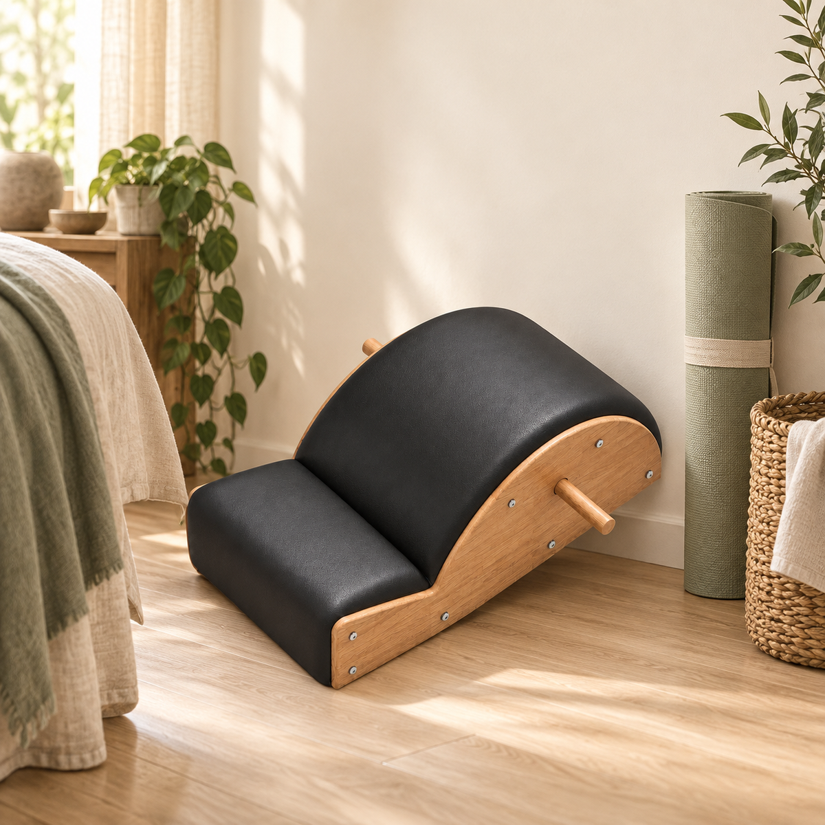 Arc Pilates en chêne rangé contre le mur d'une chambre, à côté d'un tapis roulé et d'un panier