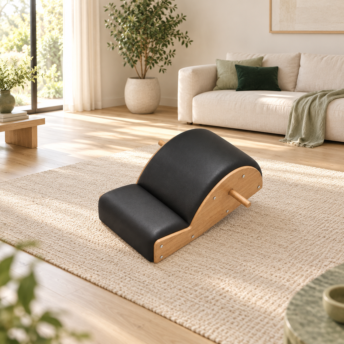 Arc Pilates en chêne posé sur un tapis au centre d'un salon minimaliste et lumineux