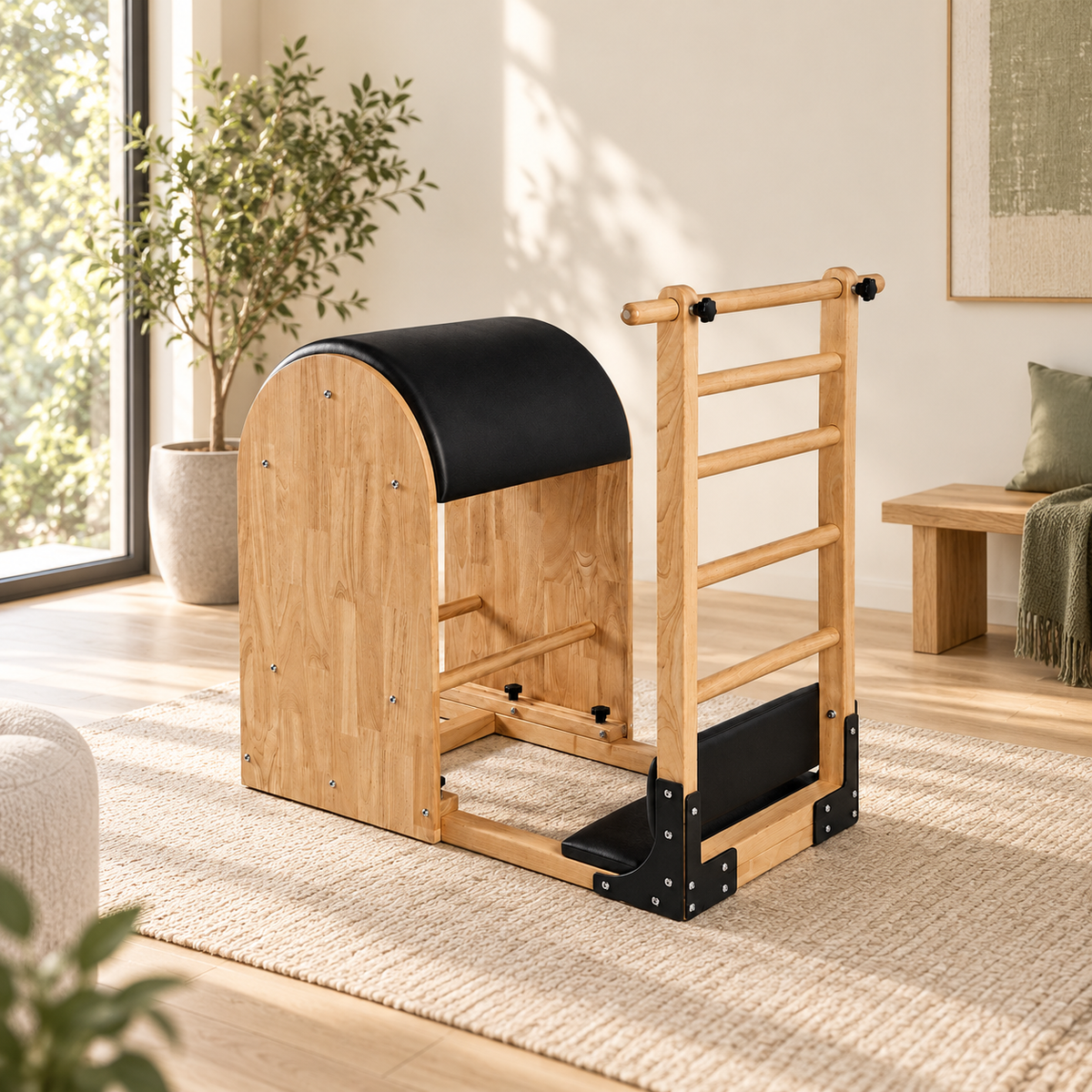 Ladder Barrel en chêne et similicuir noir installé dans un salon minimaliste sur un tapis en lin
