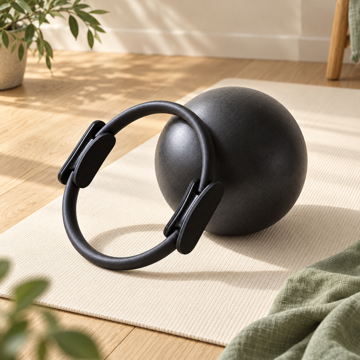 Balle et anneau Pilates noirs posés côte à côte sur un tapis crème, sur parquet en chêne clair