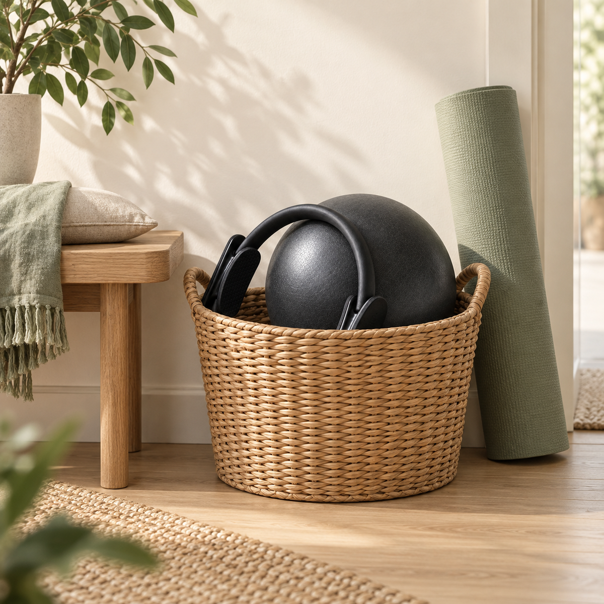 Balle et anneau Pilates noirs rangés dans un panier en osier à côté d'un tapis roulé