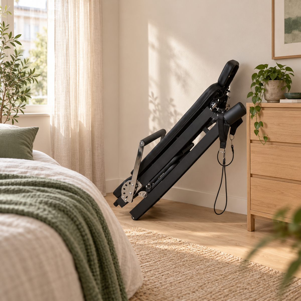 Reformer Pilates compact replié et rangé au pied d’un lit dans une chambre d’appartement