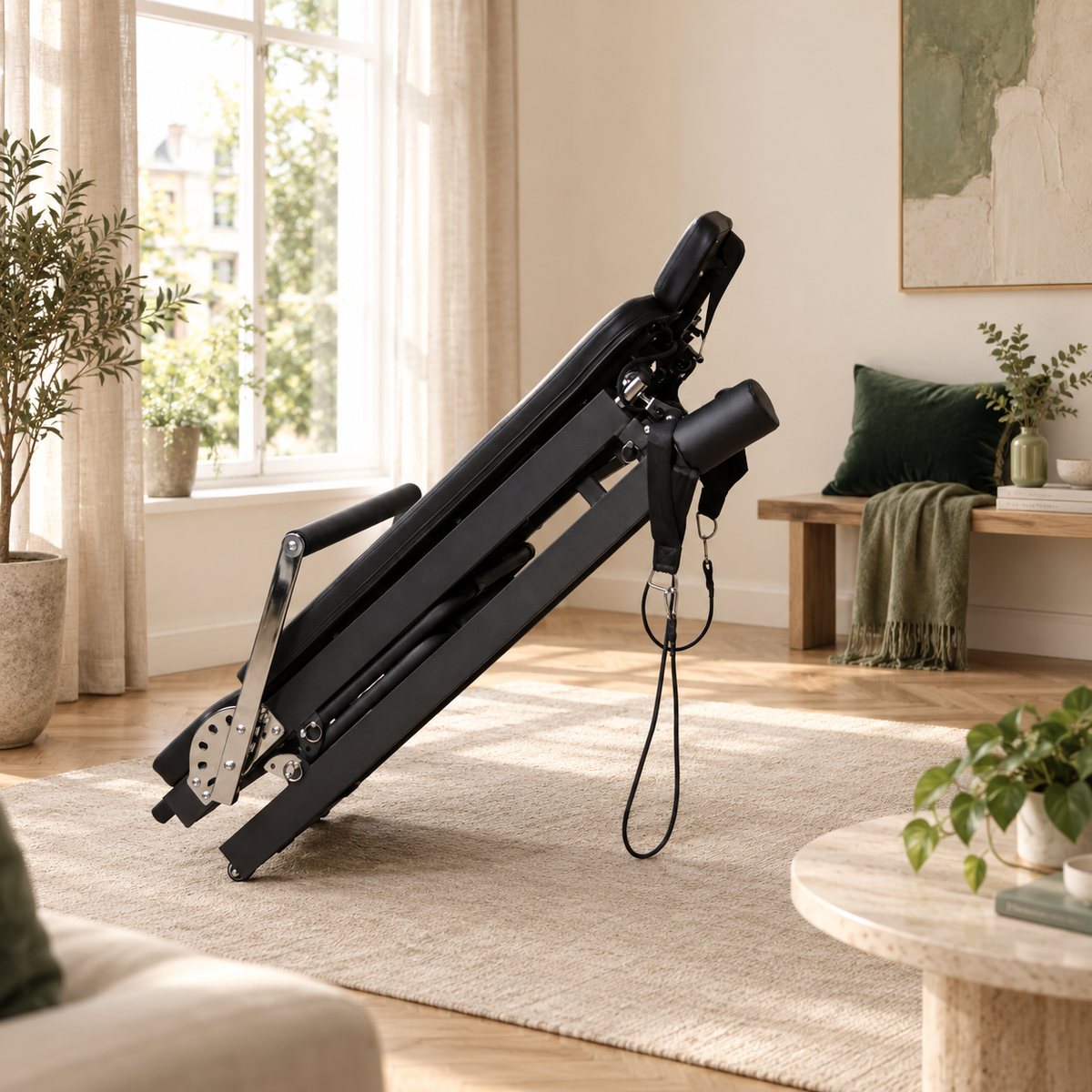 Kompakter Pilates Reformer, aufgeklappt auf einem Leinenteppich in einem kleinen, hellen Wohnzimmer