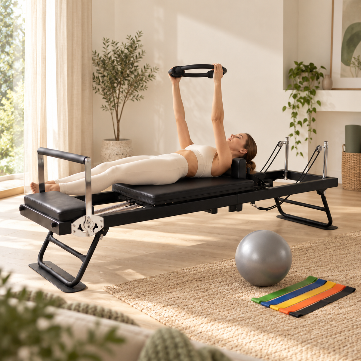 Frau liegt mit einem Pilates-Ring auf einem kompakten Reformer, Ball und Bänder auf dem Boden
