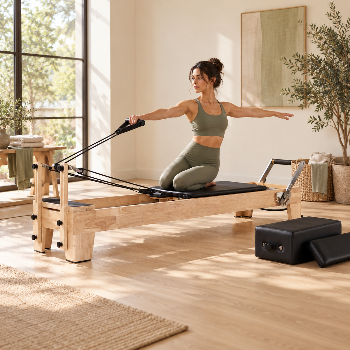 Fest stehender Pilates Reformer aus Massivholz in der Mitte eines hellen, eigenen Trainingsraums