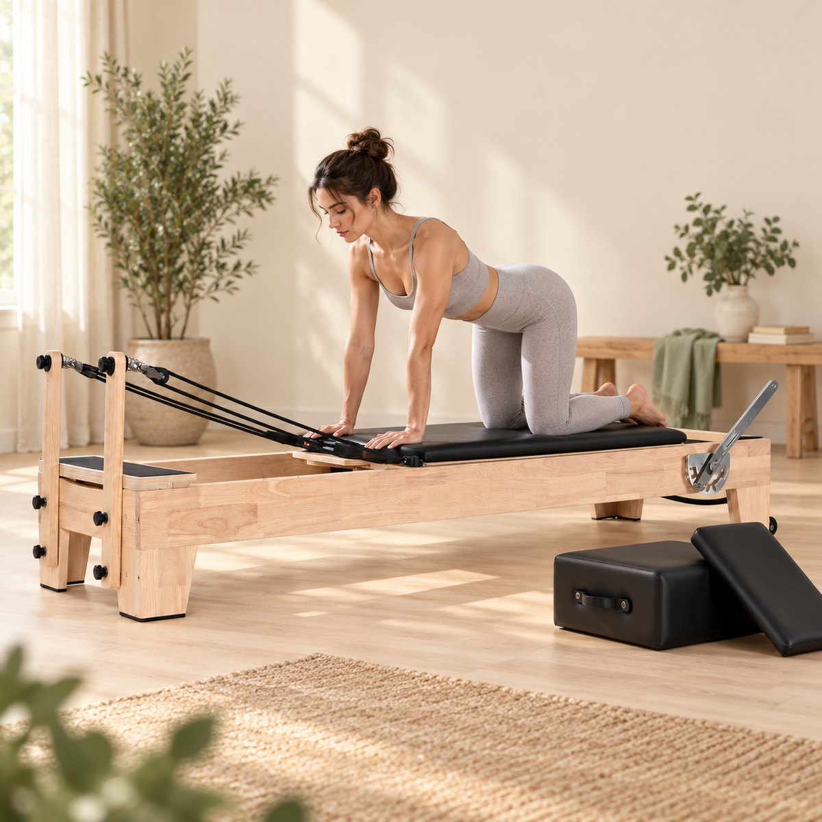 Femme agenouillée sur le chariot d’un reformer Pilates en bois massif dans un studio clair