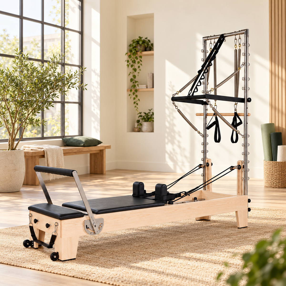 Pilates Reformer mit integriertem Turm in einem hellen Studio mit cremefarbenen Wänden