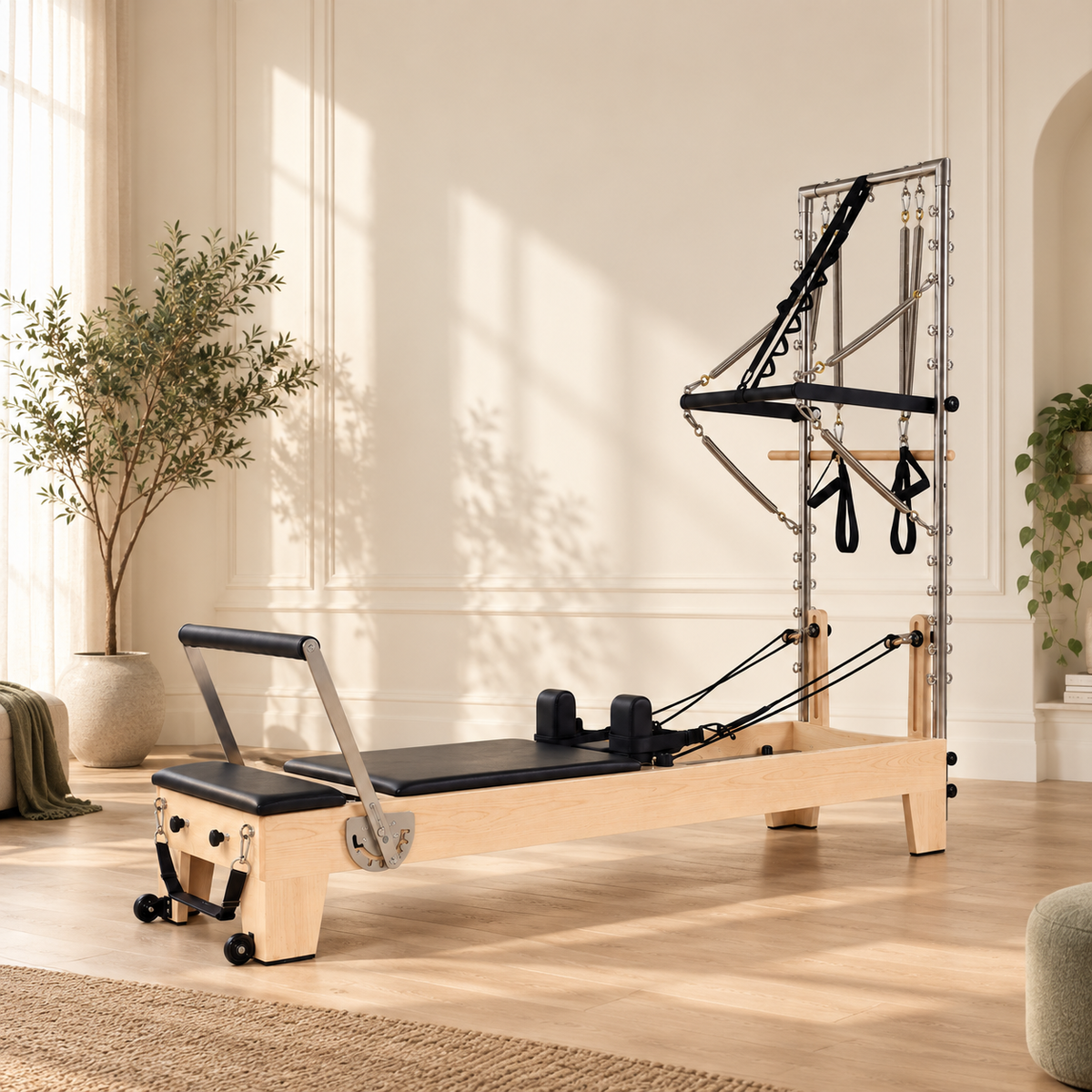 Reformer Pilates avec tour de 193 cm de haut dans une pièce à haut plafond