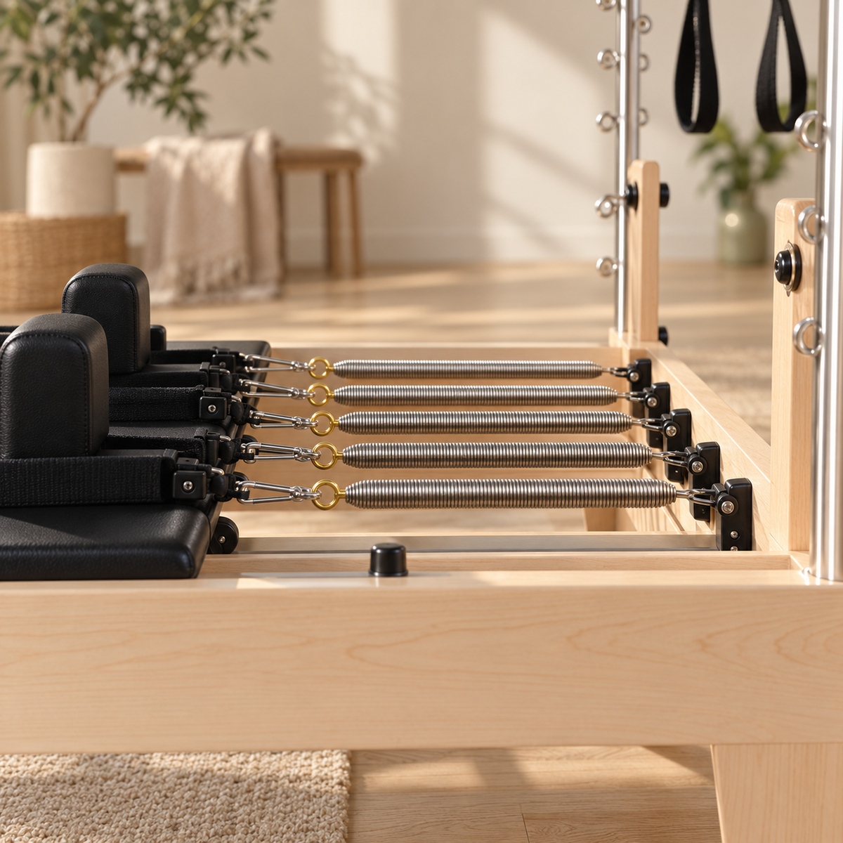 Gros plan sur les six ressorts ajustables de la base d’un reformer Pilates avec tour