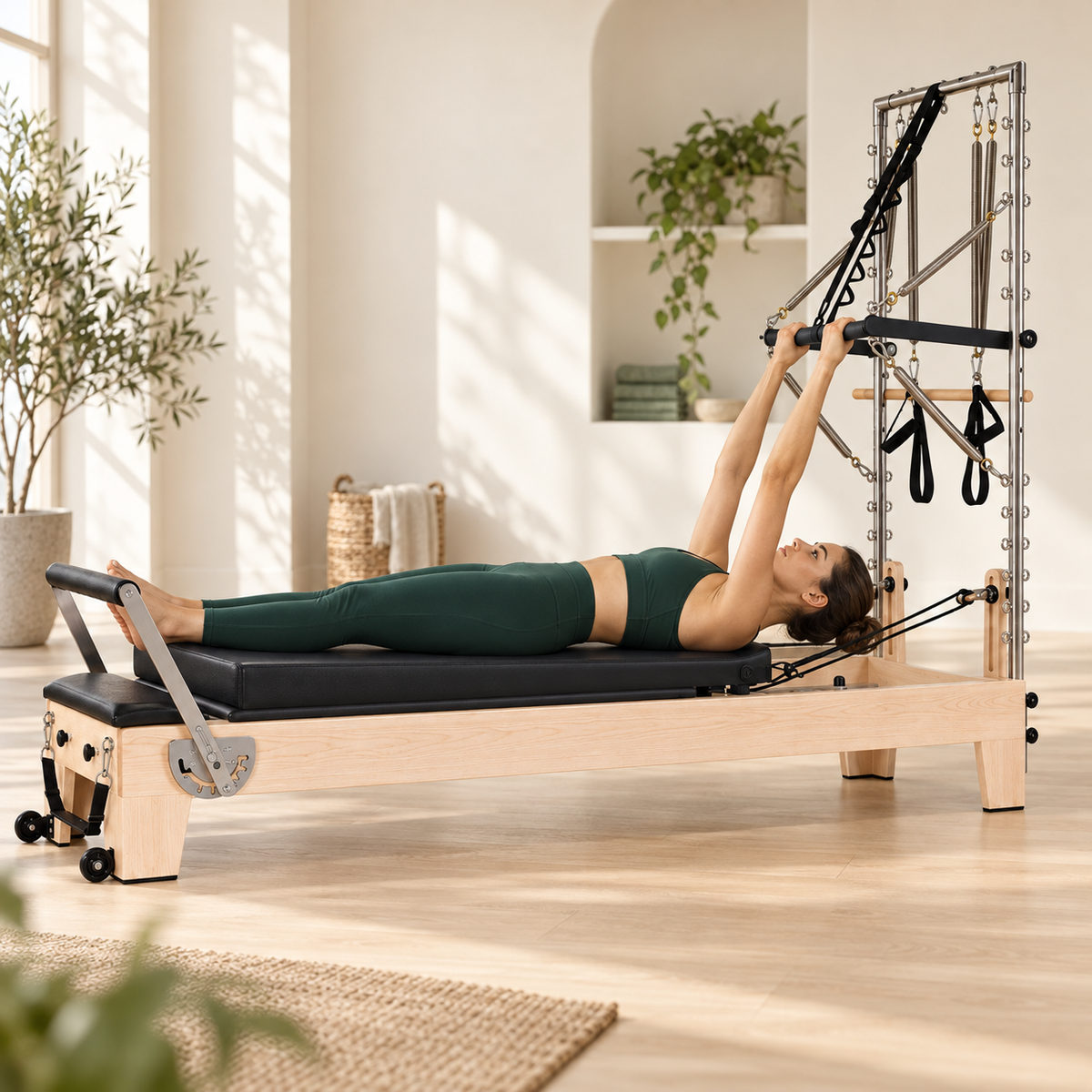 Femme allongée sur un reformer, mains sur la barre de la tour, dans un studio Pilates clair