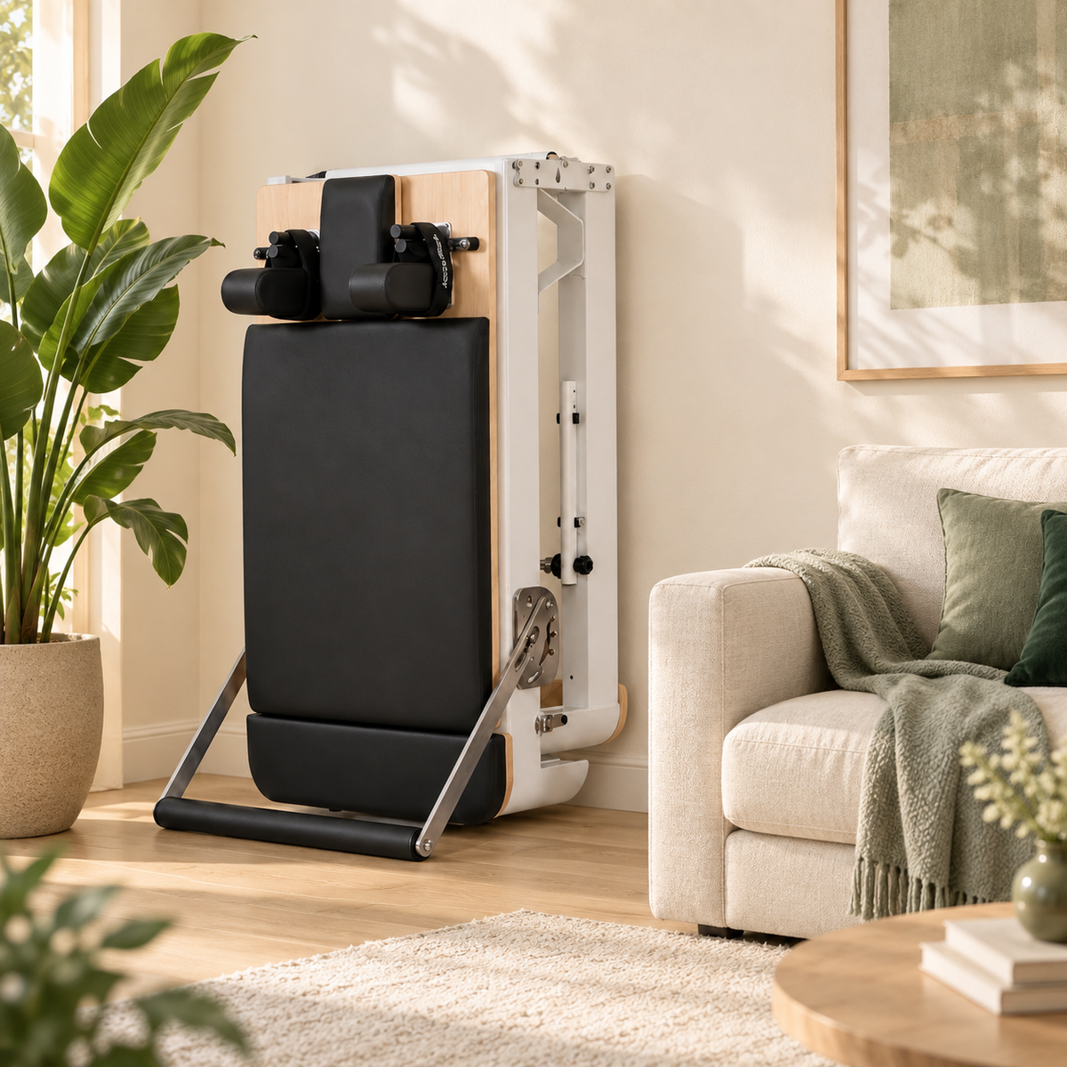 Reformer Pilates pliable en aluminium replié et rangé contre le mur d’un salon lumineux