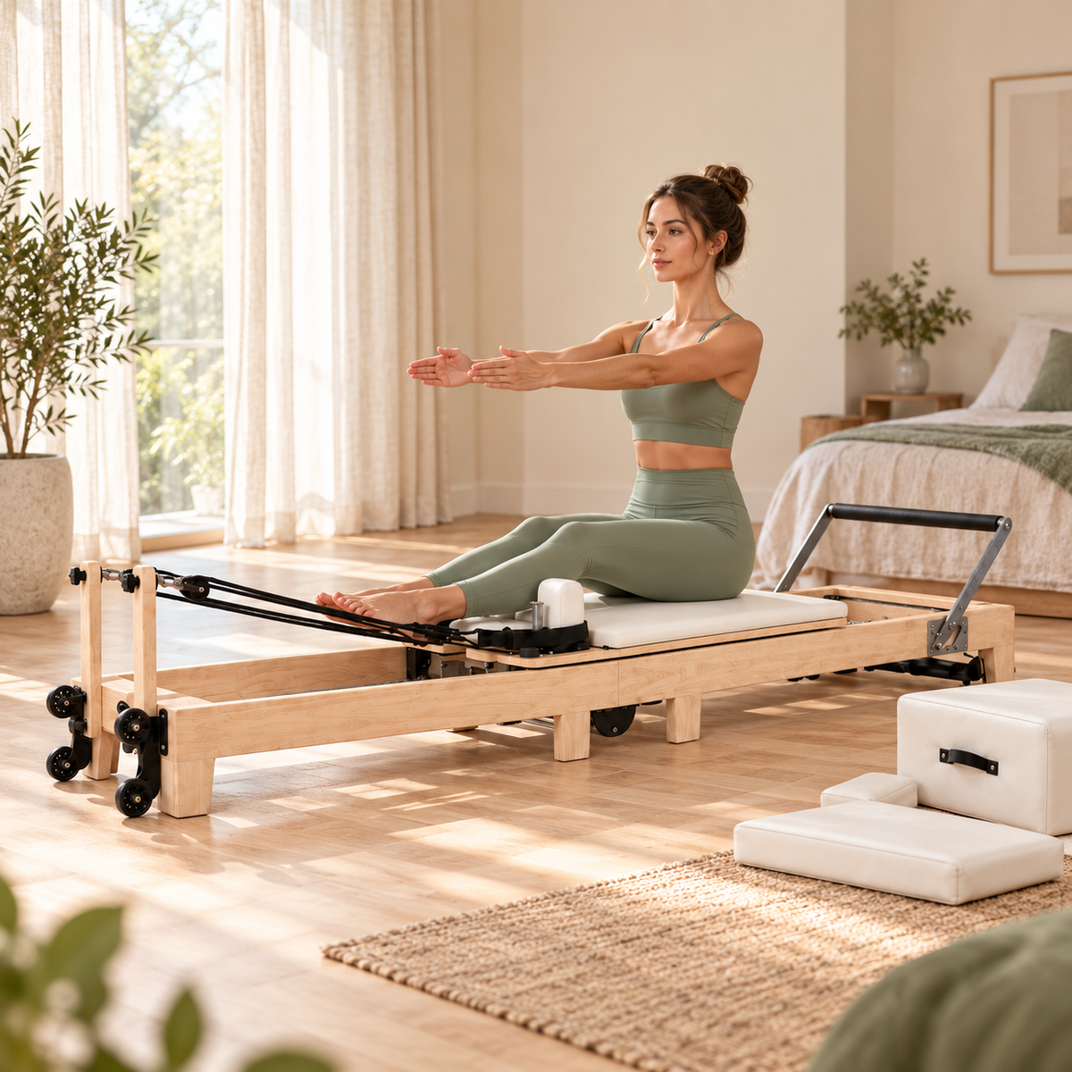 Frau sitzt auf dem Schlitten eines klappbaren Pilates Reformers aus Holz in einem hellen Schlafzimmer