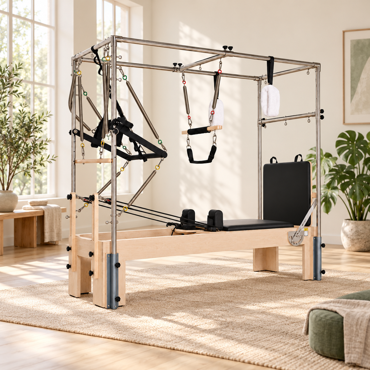 Studio-Reformer 3-in-1 mit Turm und Cadillac-Rahmen aus Eiche in der Mitte eines hellen Studios