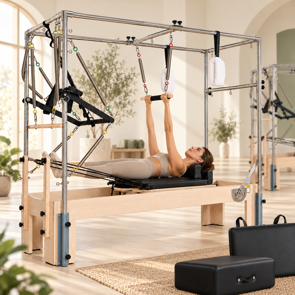 Femme pratiquant sur un reformer Cadillac 3-en-1 dans un studio Pilates lumineux