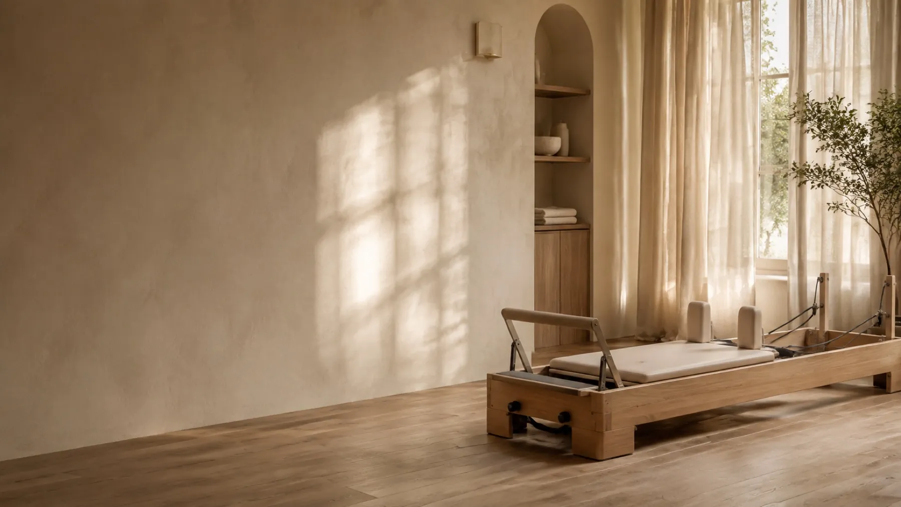 Un espace lumineux aménagé autour d’un reformer Pilates