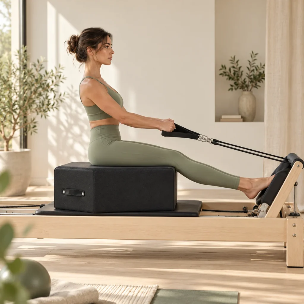 Γυναίκα καθισμένη στο μαύρο box Pilates πάνω σε reformer από ανοιχτόχρωμο ξύλο, με τους ιμάντες στα χέρια