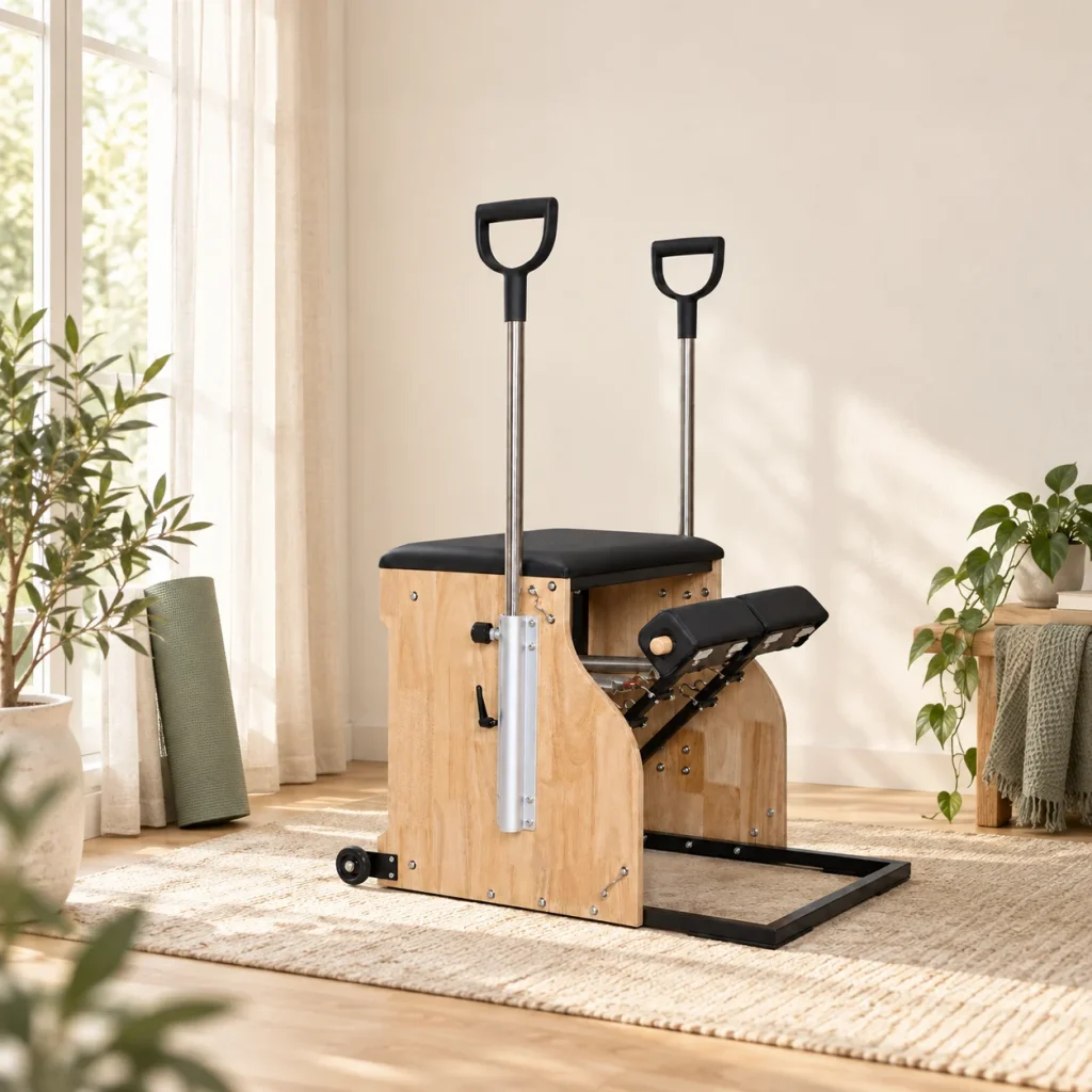 Pilates chair cu pedale separate, instalat în colțul unei sufragerii luminoase, lângă o fereastră