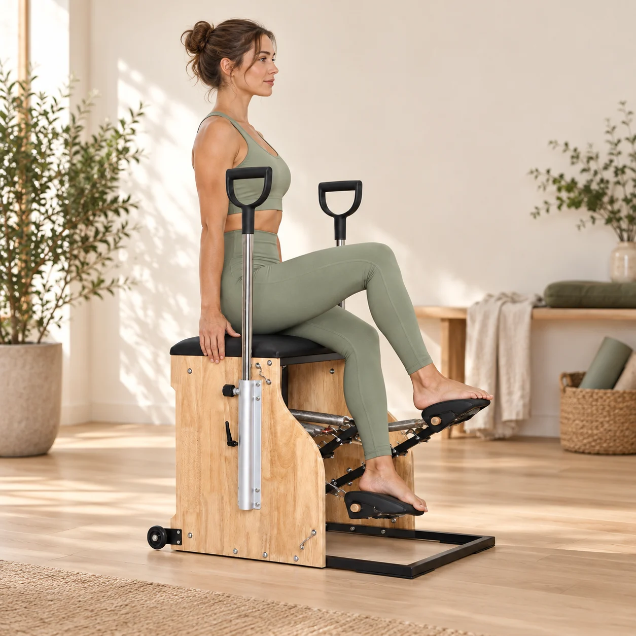 Femme assise sur la chaise Pilates abaissant une seule des deux pédales indépendantes avec le pied