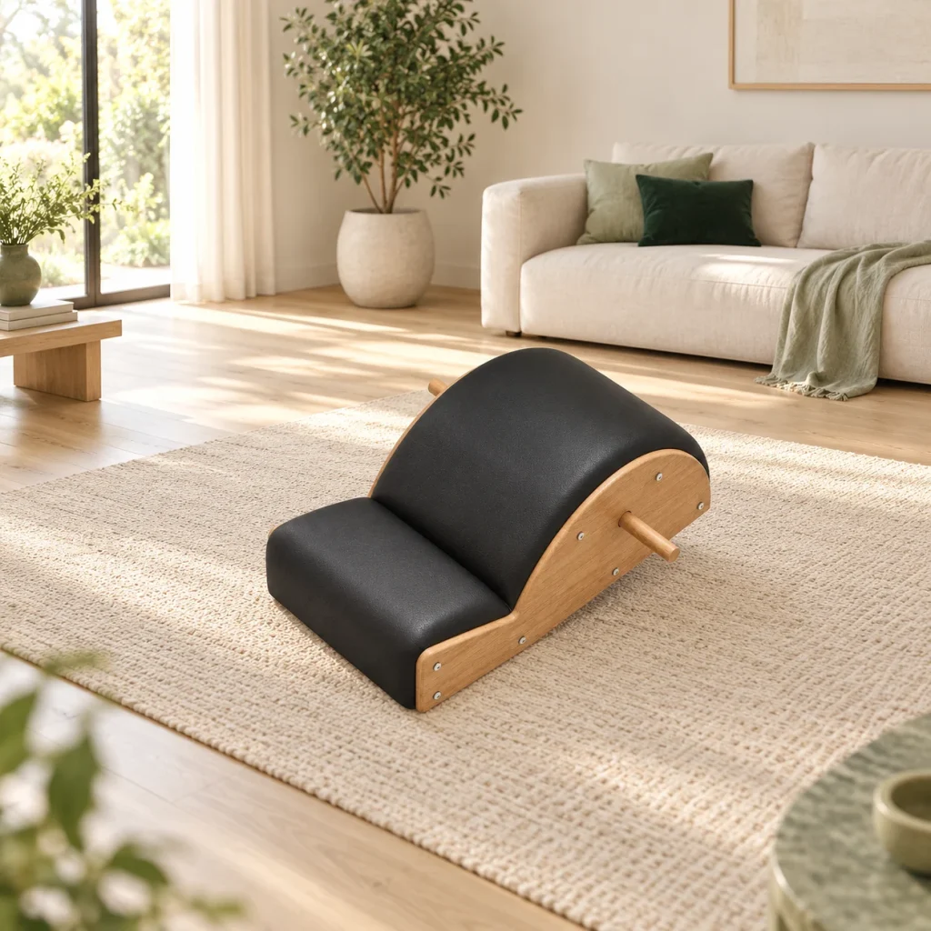 Ąžuolinė Pilates arka ant kilimėlio šviesios minimalistinės svetainės centre