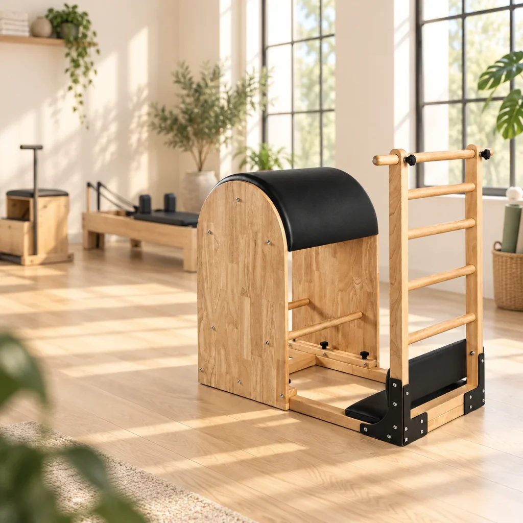 Ladder Barrel šviesios Pilates studijos priekiniame plane, už jo neryškūs reformeris ir kėdė
