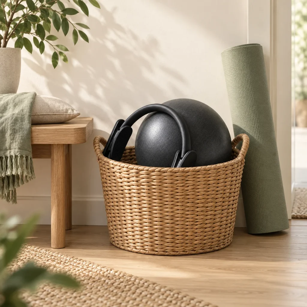 Black Pilates ball and ring stored in a wicker basket next to a rolled-up mat