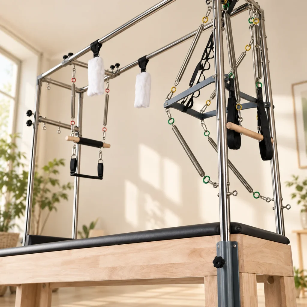 Close-up of the oak uprights and bars of the Cadillac Table trapeze frame