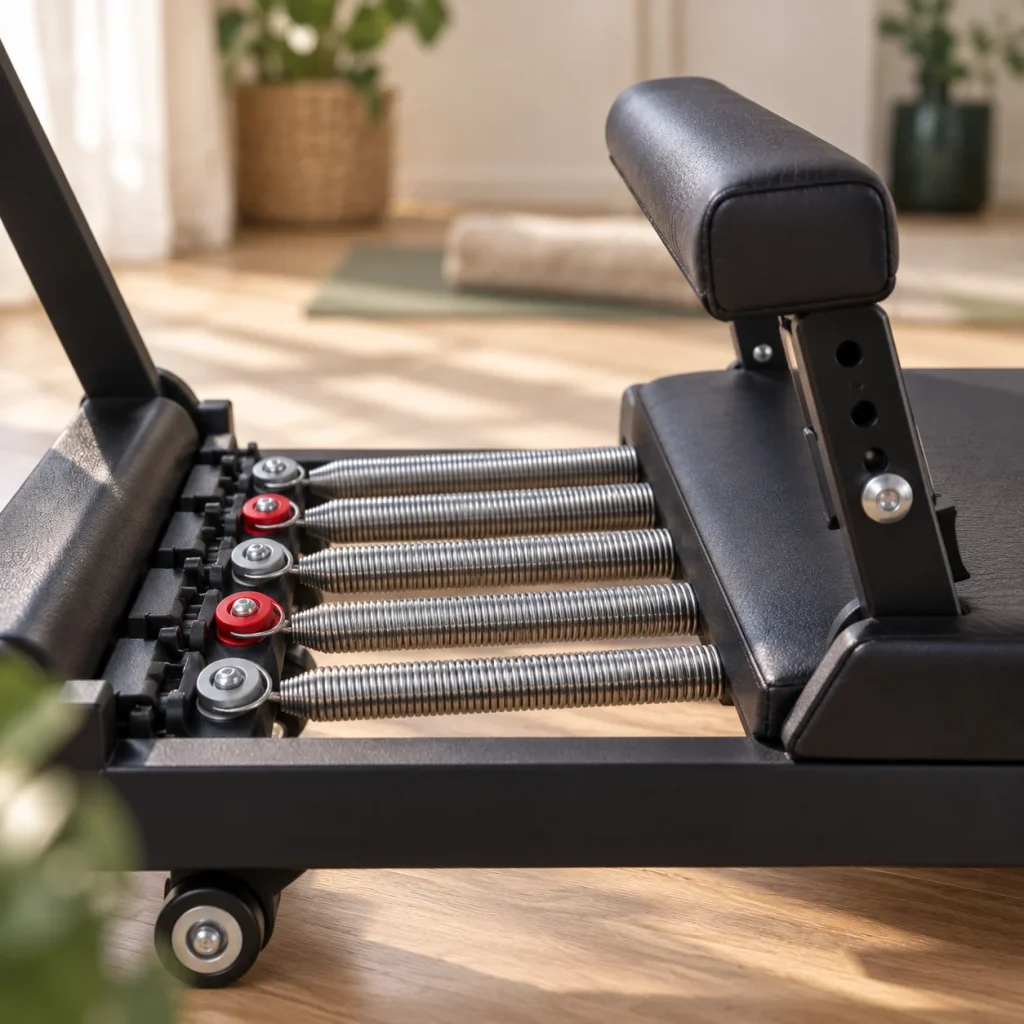 Close-up of the five springs and an adjustable armrest on a compact Pilates reformer