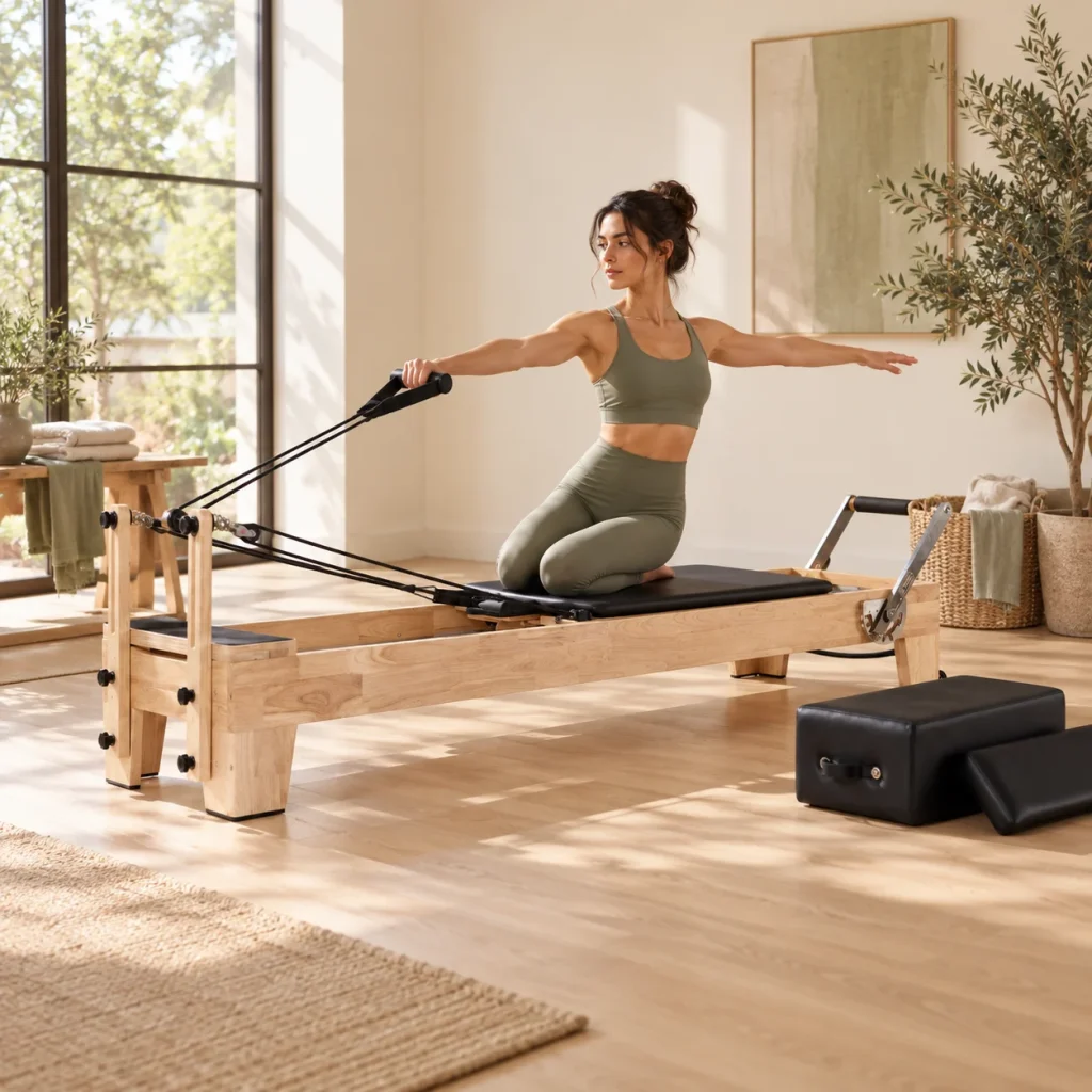 Fixed solid wood Pilates reformer in the centre of a bright dedicated room