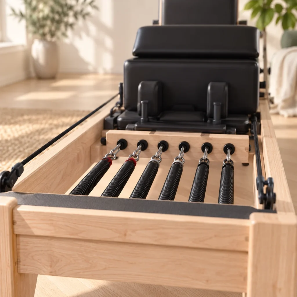 Close-up of the six adjustable springs on a solid wood Pilates reformer