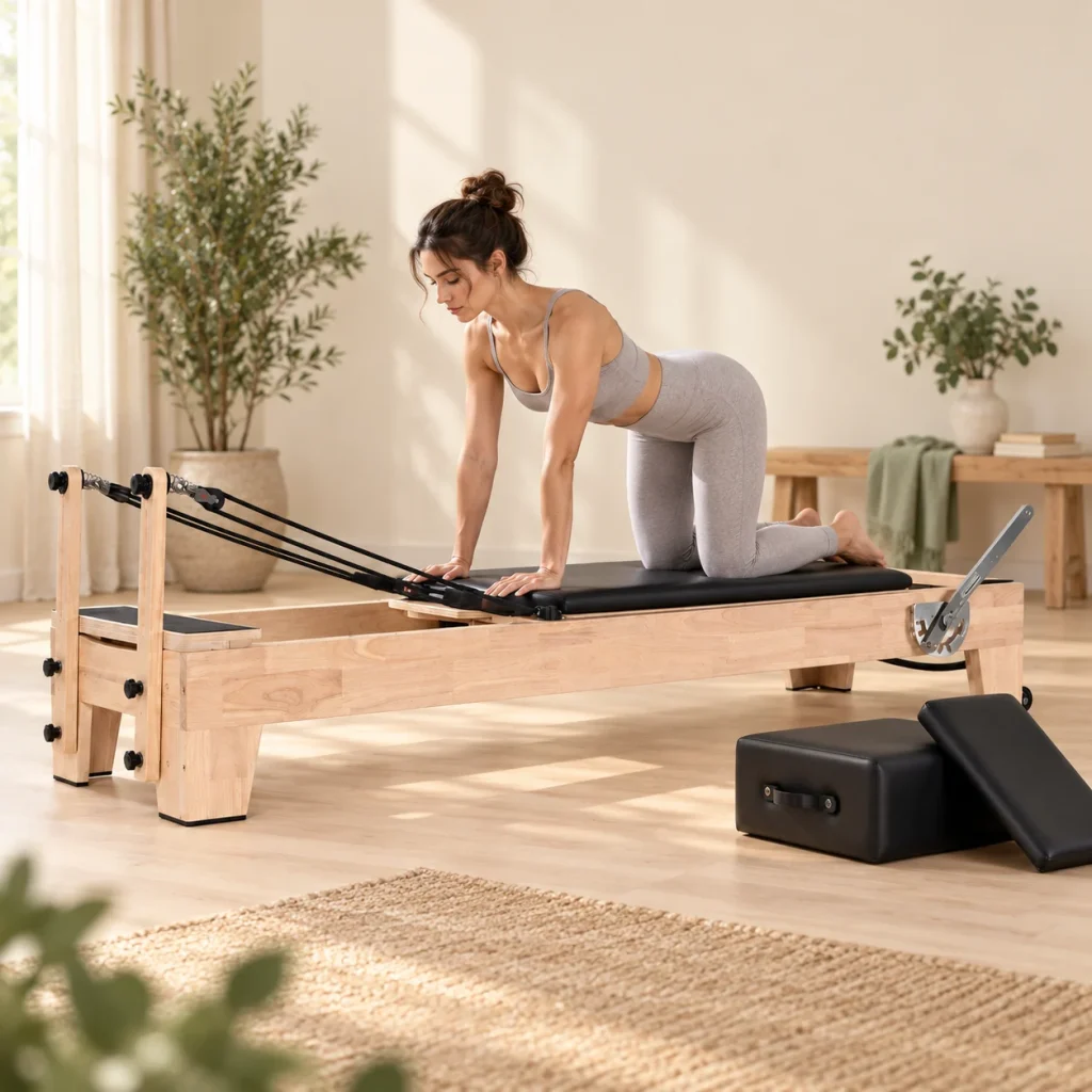 Woman kneeling on the carriage of a solid wood Pilates reformer in a bright studio