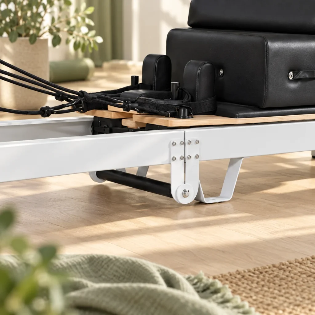 Nærbillede af det centrale hængsel på aluminiumsrammen af en sammenklappelig pilates reformer