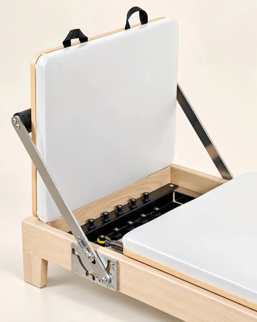 Wooden Folding Reformer – detail of the platform and its adjustment