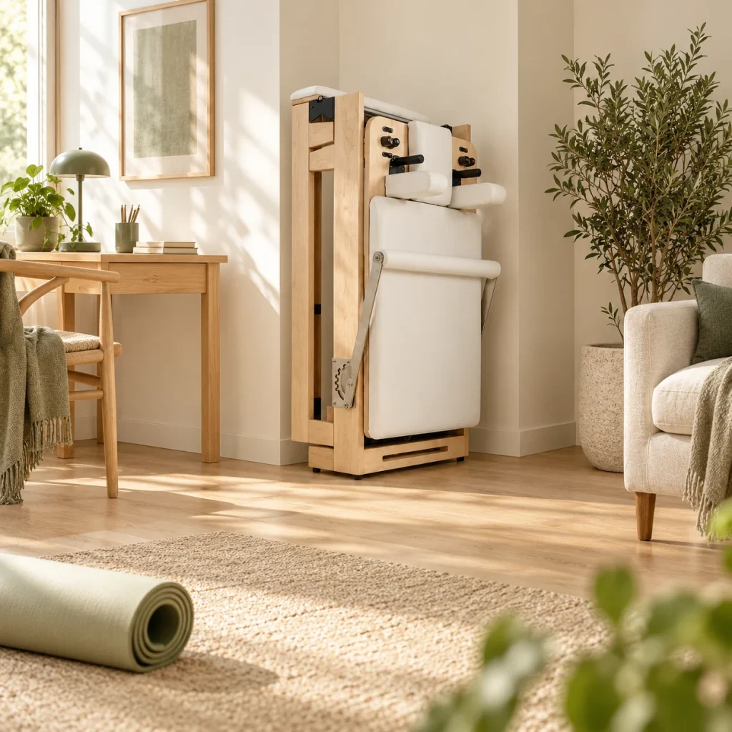 Foldable wooden Pilates reformer folded and stored in a bright living space with a desk